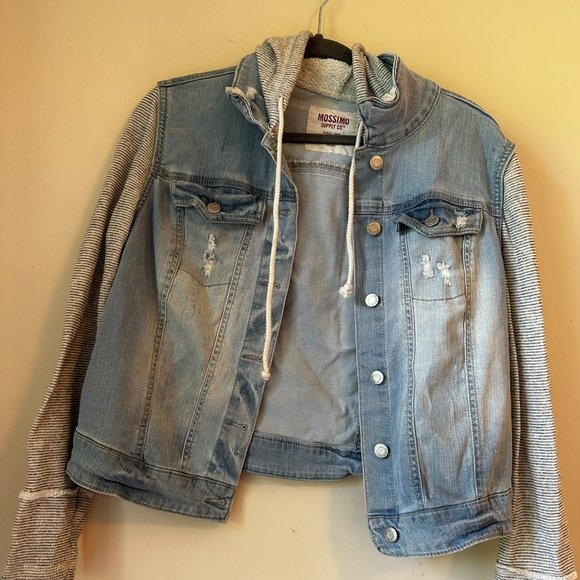 Hooded Jean Jacket with Gray Cloth Sleeves - Picture 4 of 6